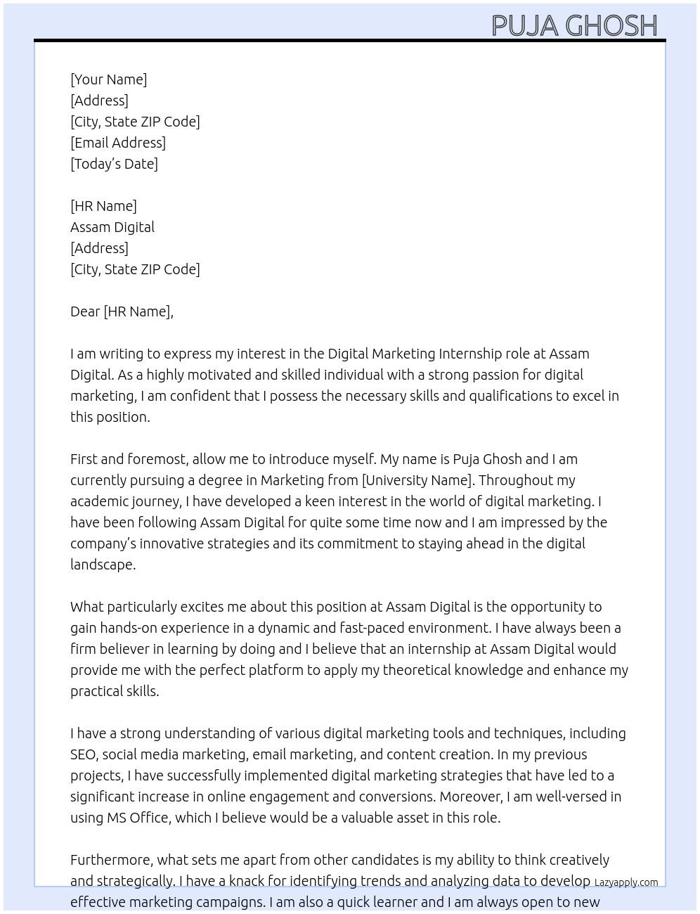Digital Marketing At Assam Digital Cover Letter