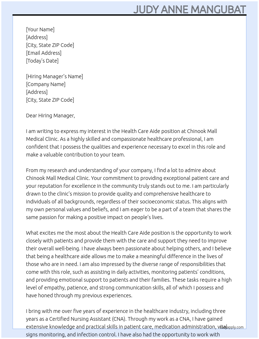 Health care aide At Chinook Mall Medical Clinic Cover Letter