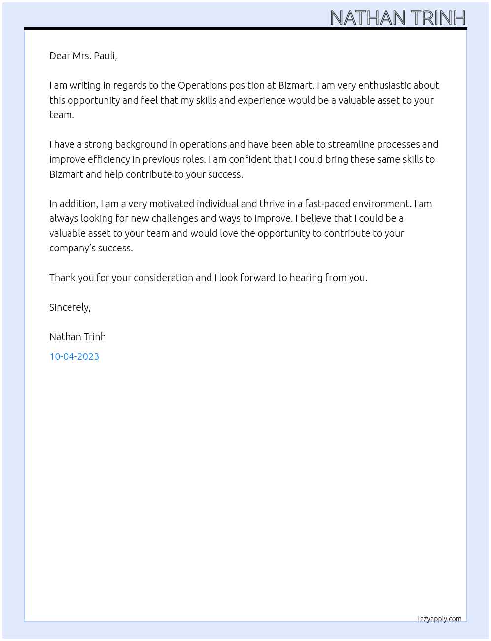 Operations At Bizmart Cover Letter