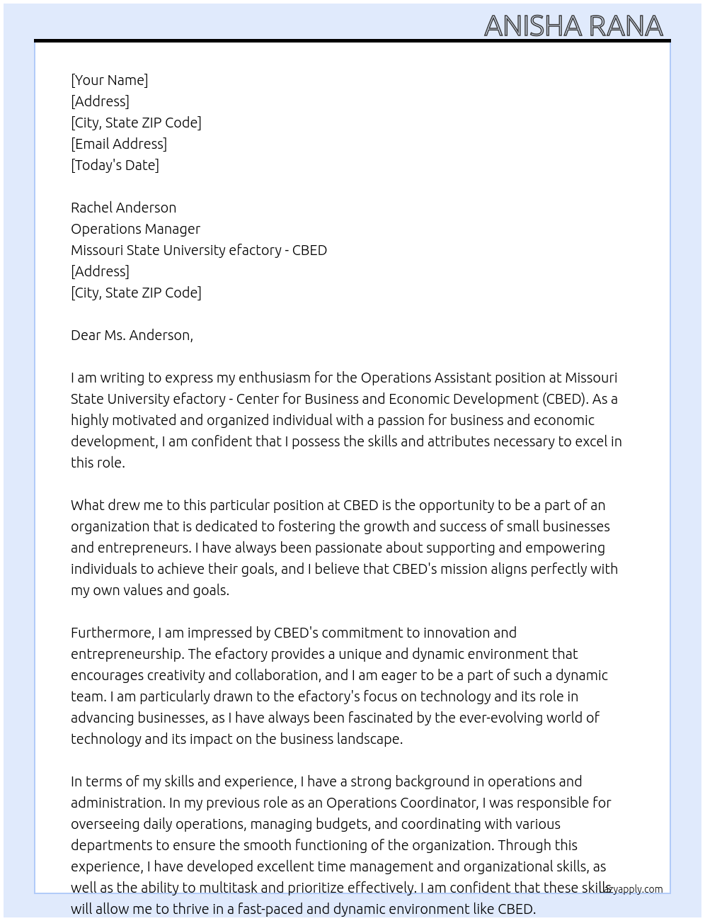 Operations Assistant At Missouri State University efactory-- Center for Business and Economic Development (CBED) Cover Letter