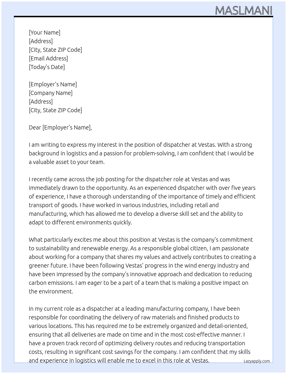 dispatcher At Vestas Cover Letter