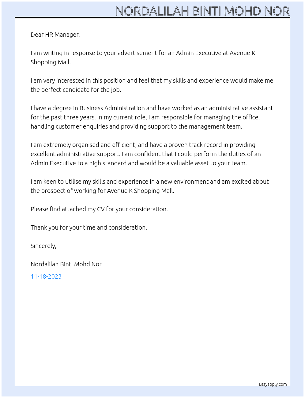 Admin Executive At Avenue K Shopping Mall Cover Letter