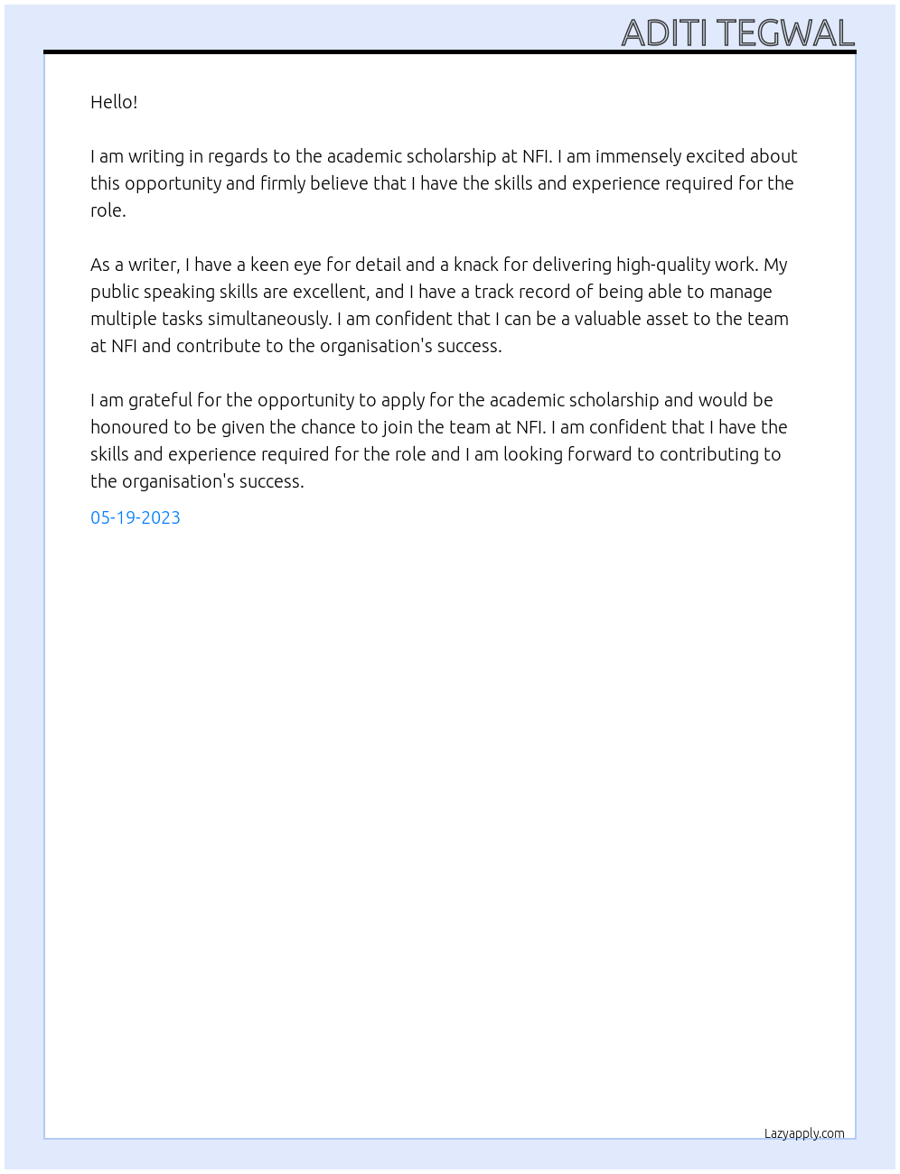 Academic Scholarship At NFI Cover Letter