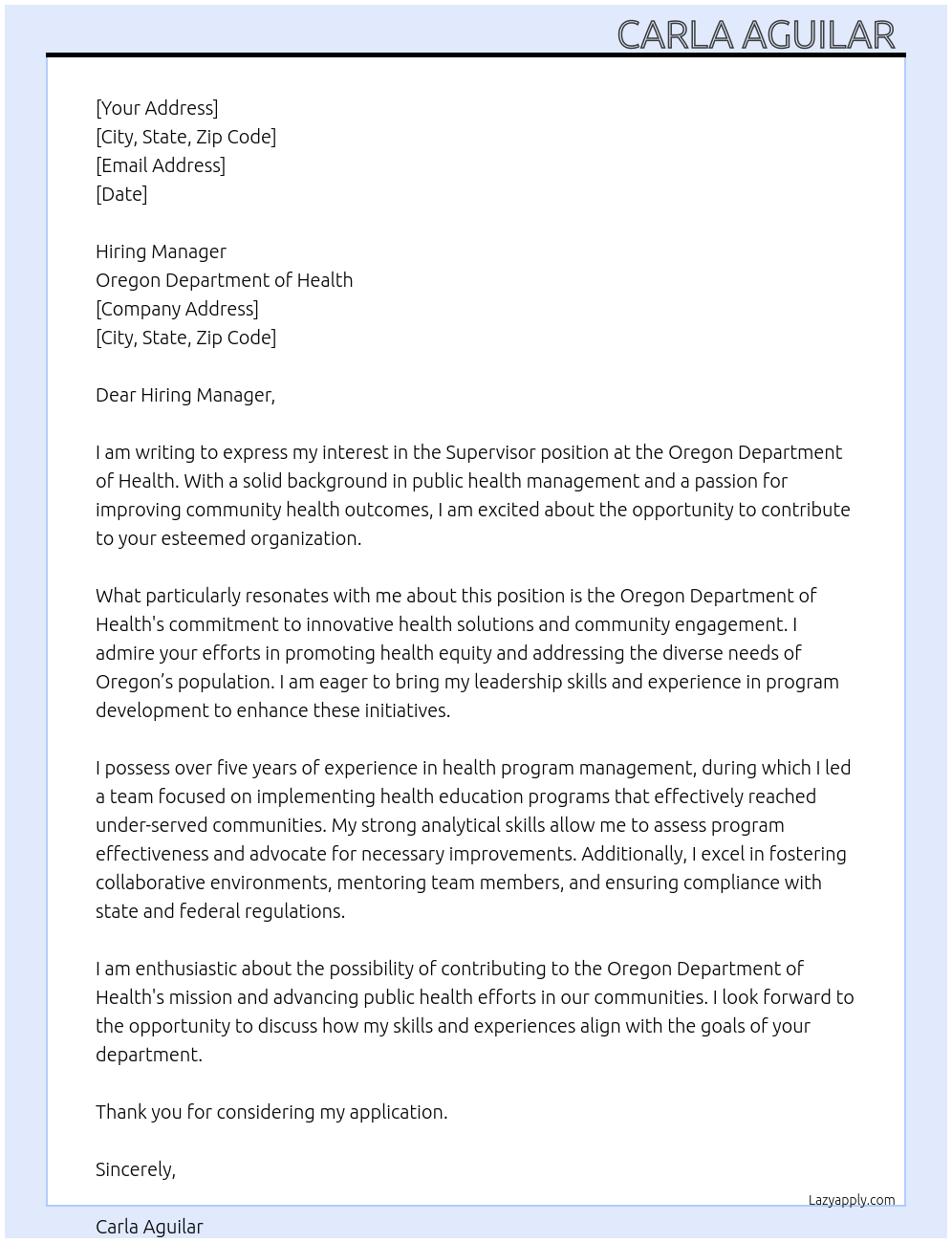 Supervisor At Oregon Department of Health Cover Letter