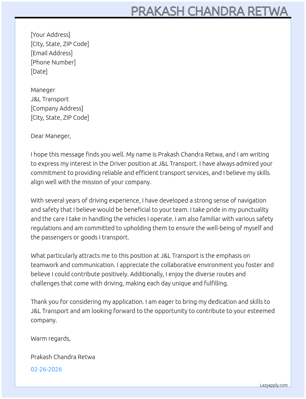 Driver  At J&L transport  Cover Letter