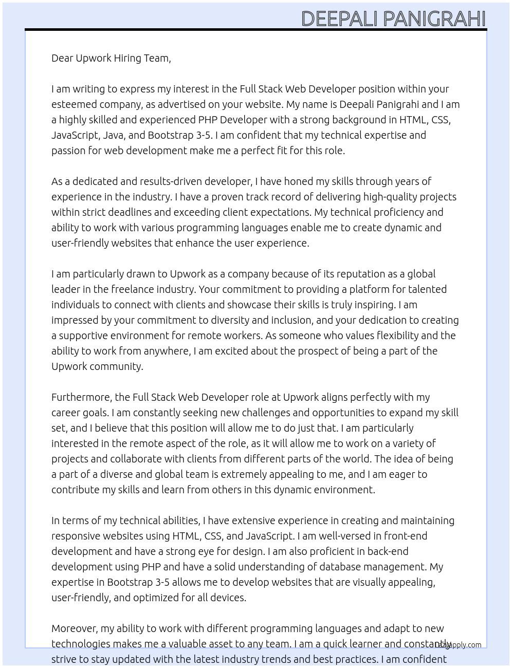 Full stack web developer At Upwork Cover Letter