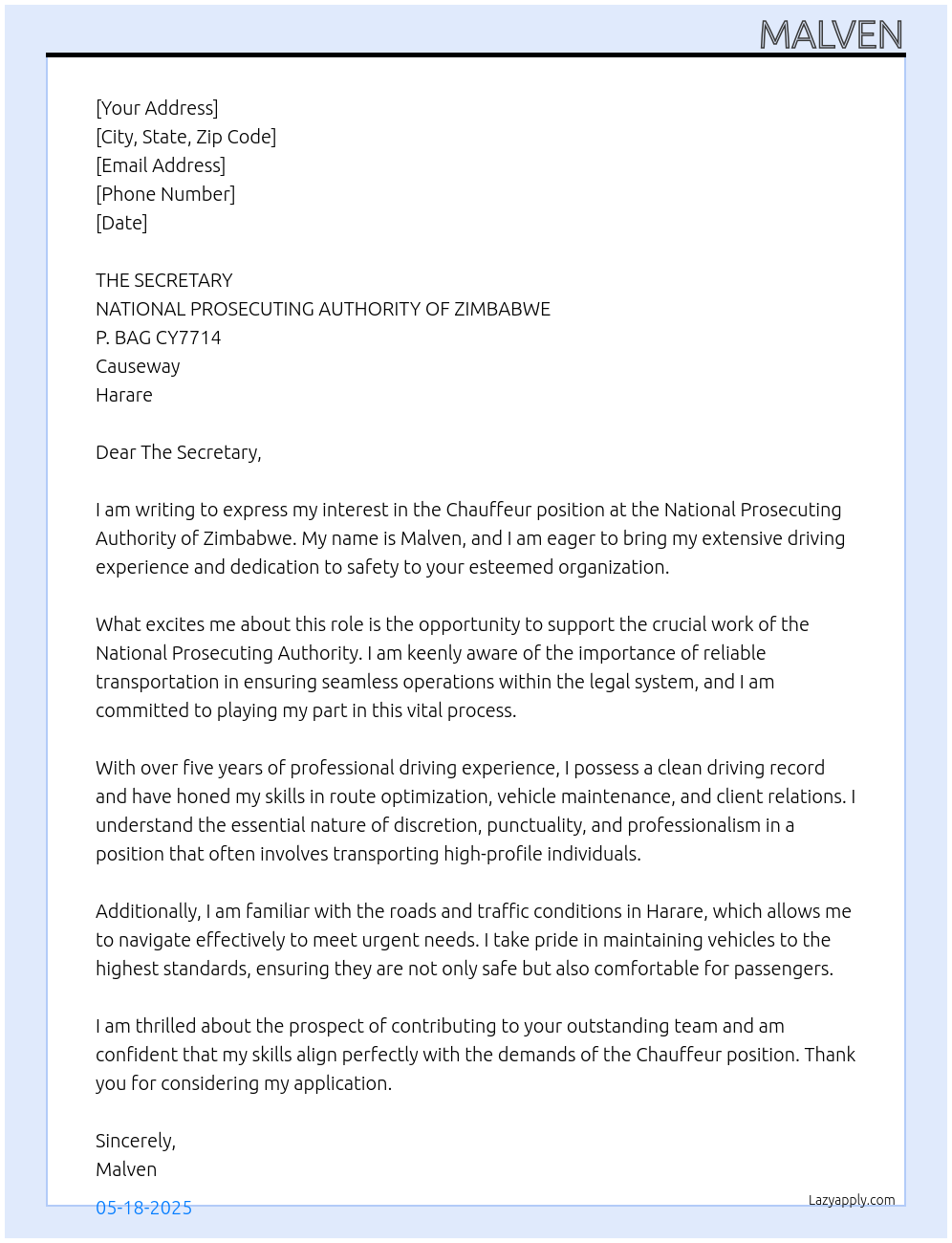 CHAUFFEUR At NATIONAL PROSECUTING AUTHORITY OF ZIMBABWE P. BAG CY7714 Causeway Harare Cover Letter