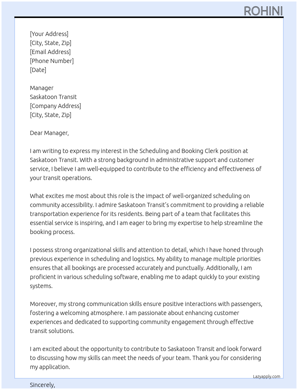 Cover letter for scheduling and booking clerk - LazyApply