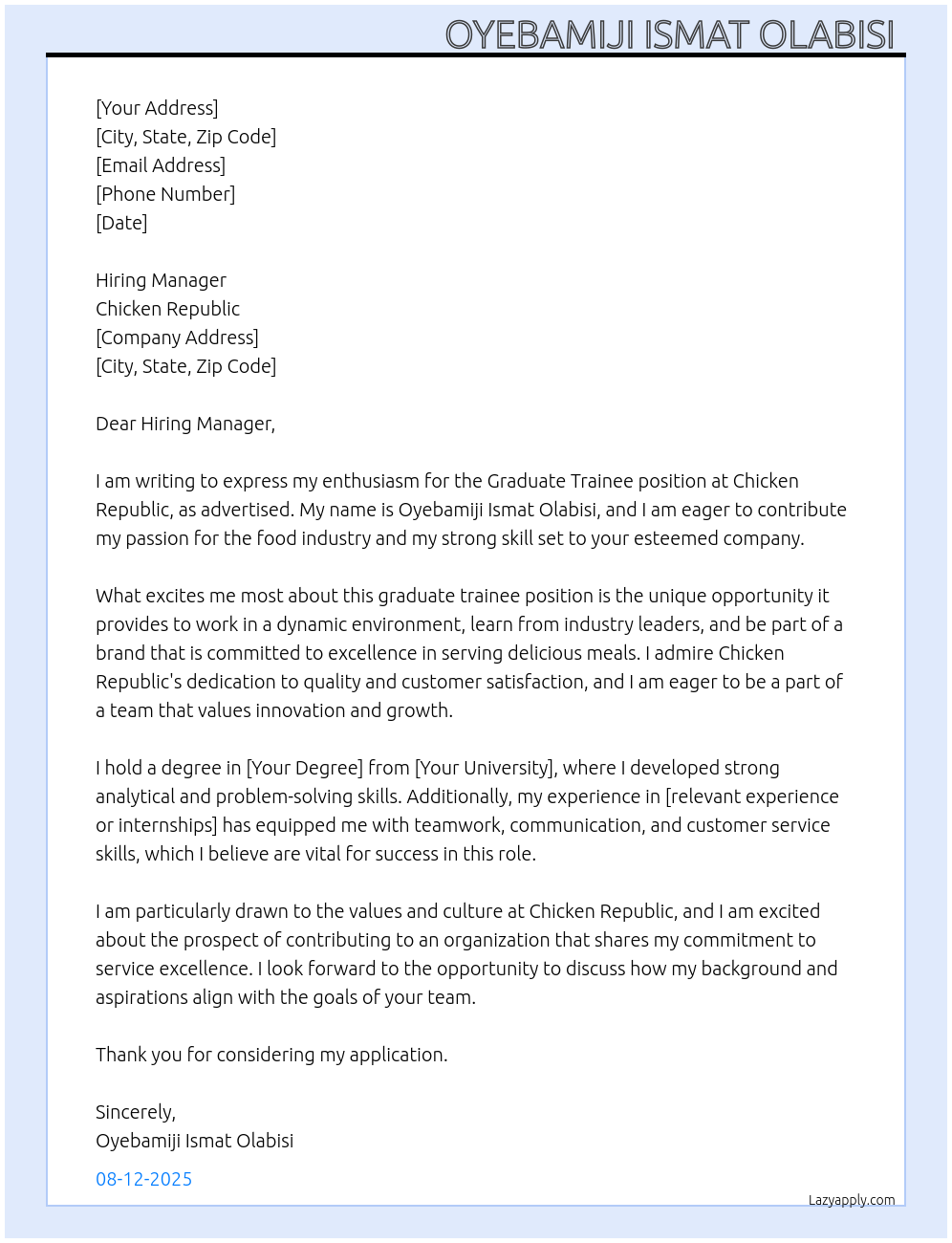 Graduate trainee  At Chicken republic  Cover Letter