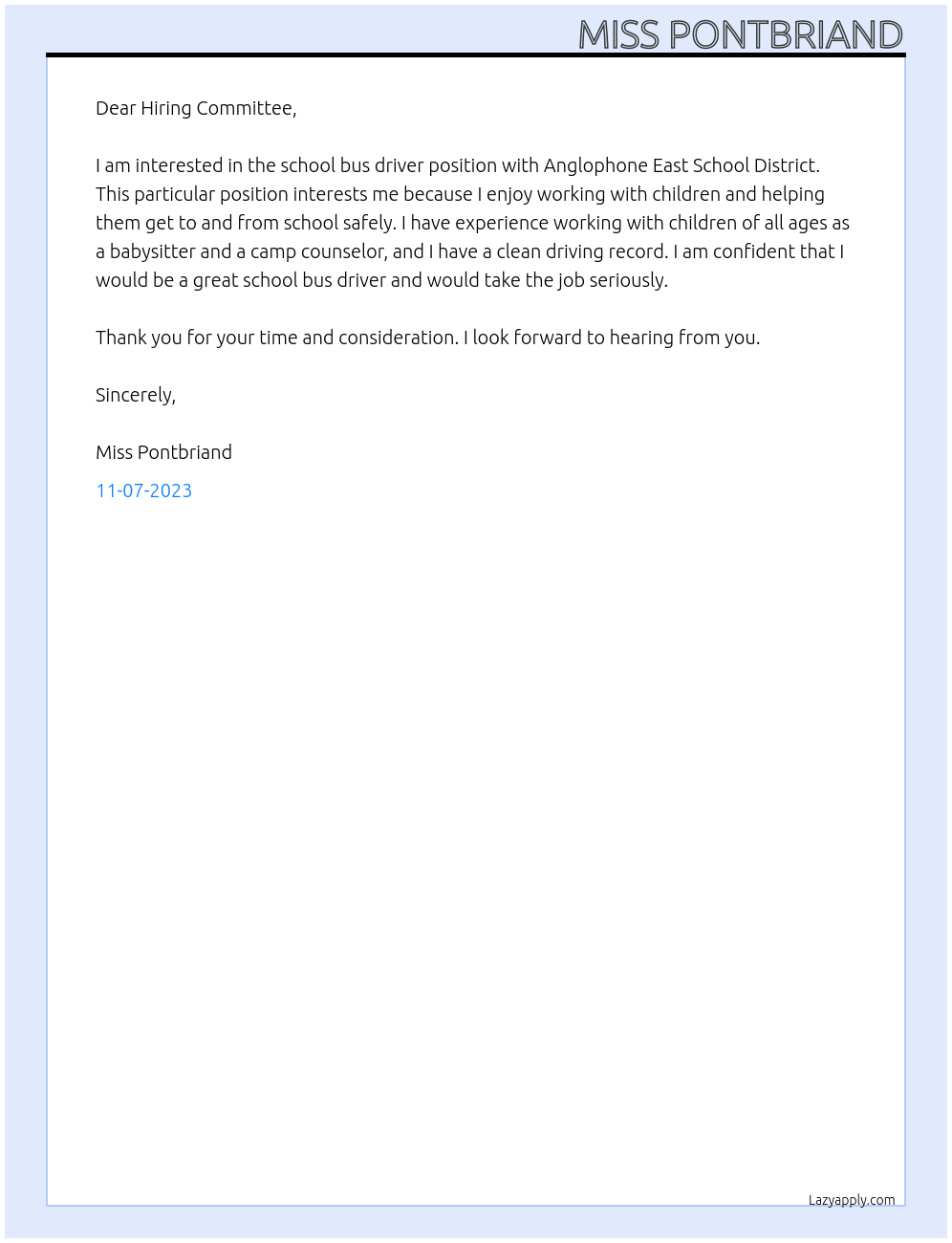 school bus driver At  Anglophone East School District Cover Letter