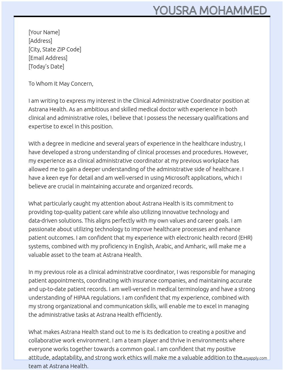 Clinical Administrative coordinator At Astrana Health Cover Letter