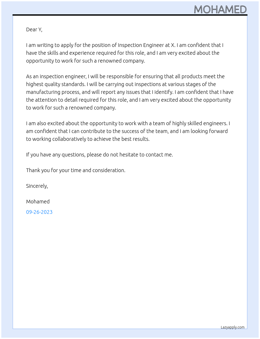 INSPECTION ENGINEER At X Cover Letter