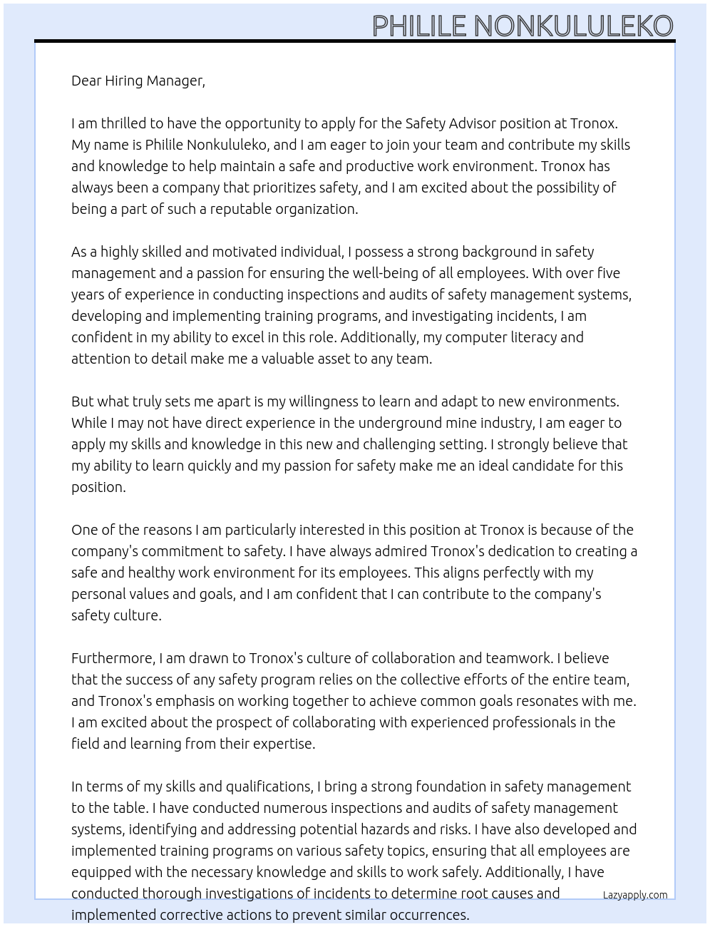 Safety Advisor At Tronox Cover Letter