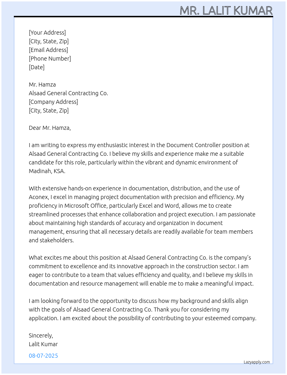 Document Controller At Alsaad general contracting co Cover Letter