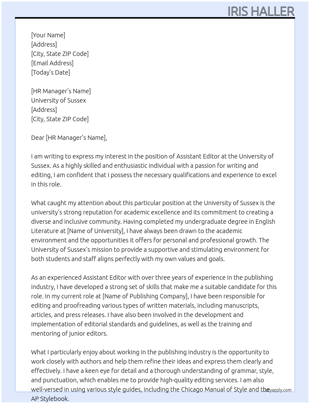 Assistant Editor  At university of sussex  Cover Letter