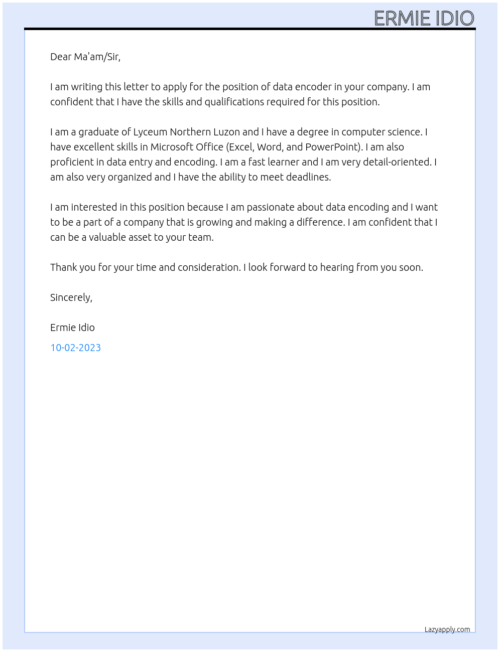 data encoder At Lyceum Northern Luzon Cover Letter