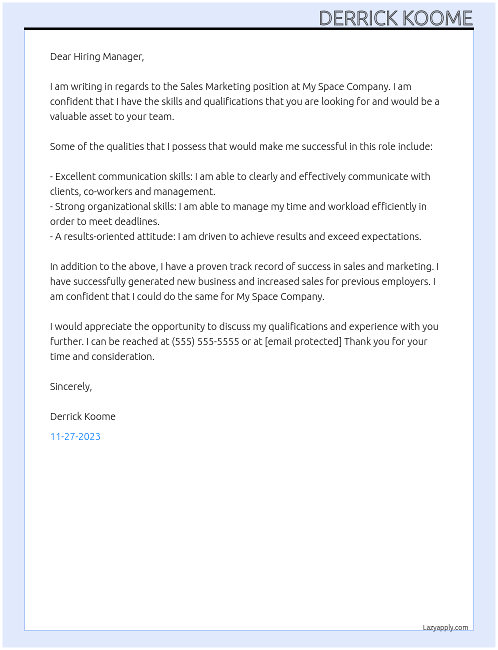 Sales marketing At My space company Cover Letter