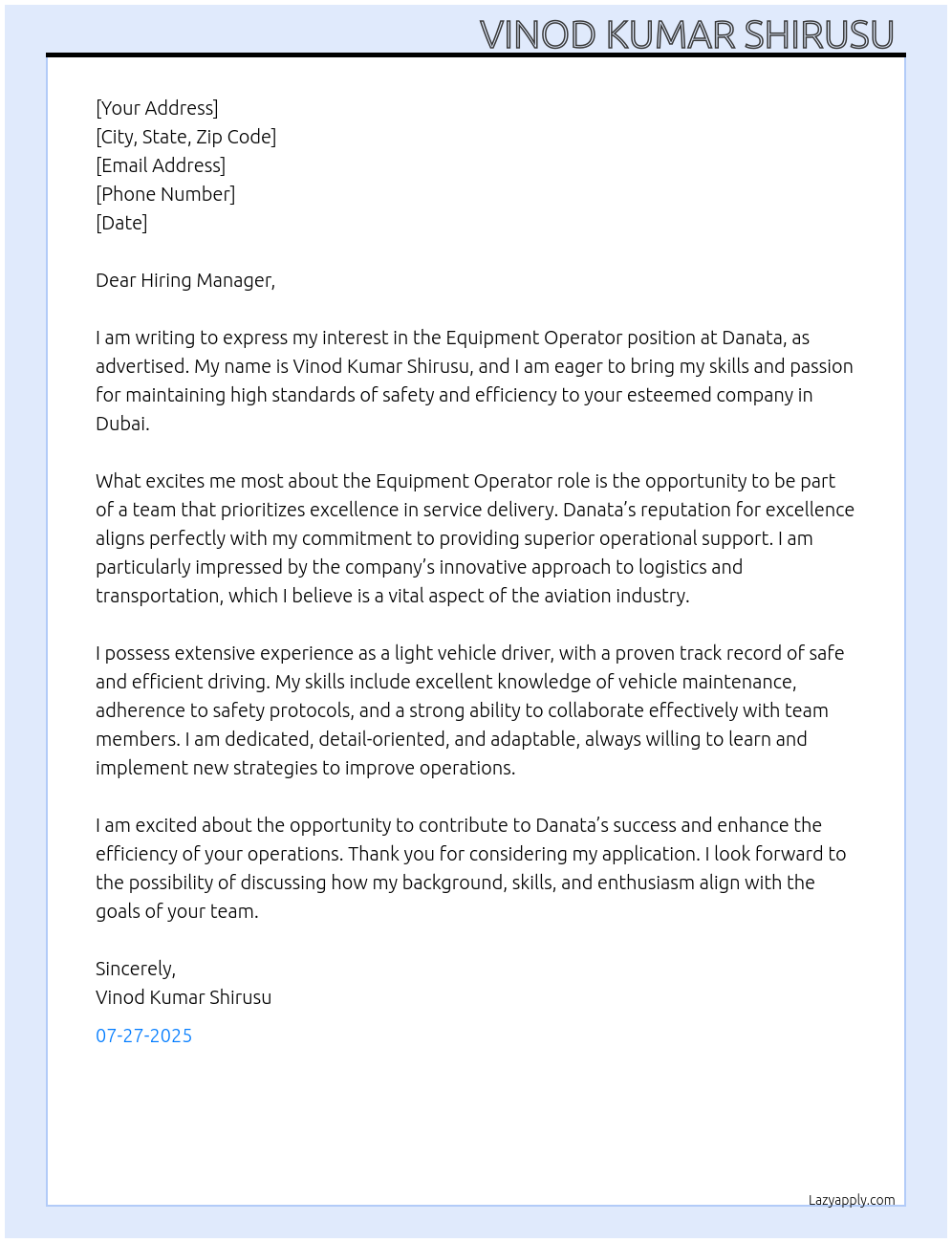 Equipment operator At Danata Cover Letter