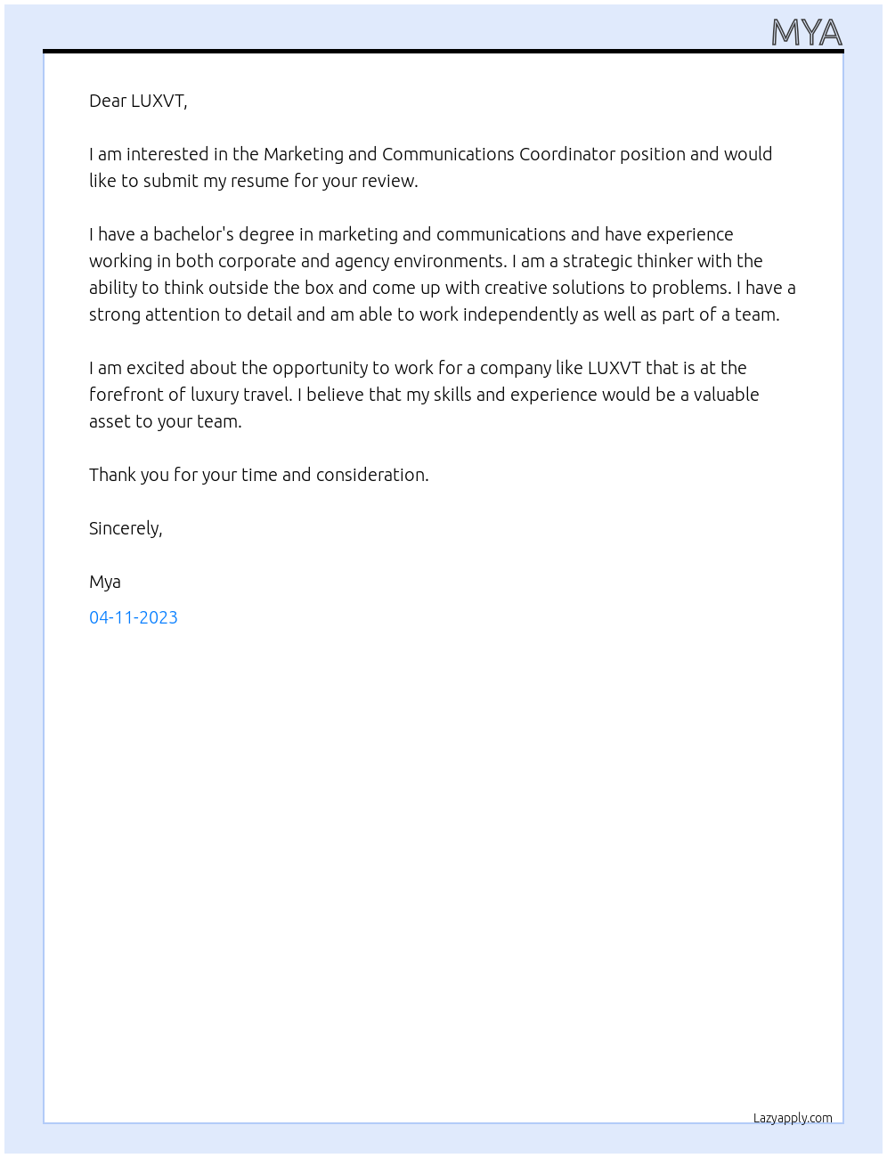 Marketing and Communications Coordinator At LUXVT Cover Letter