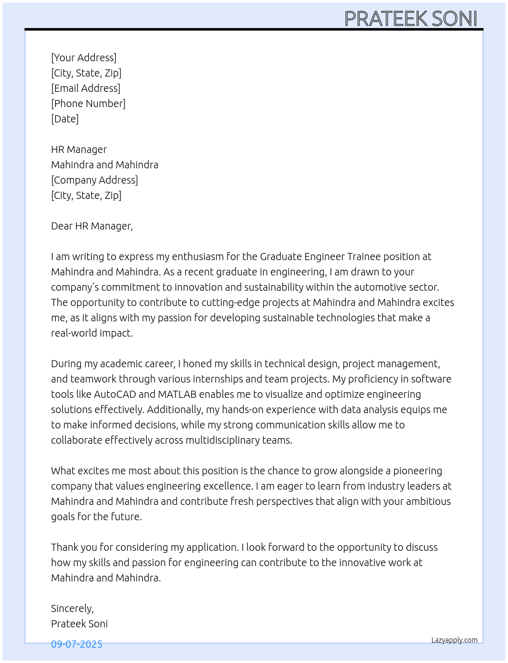 Graduate engineer trainee At Mahindra and mahindra Cover Letter