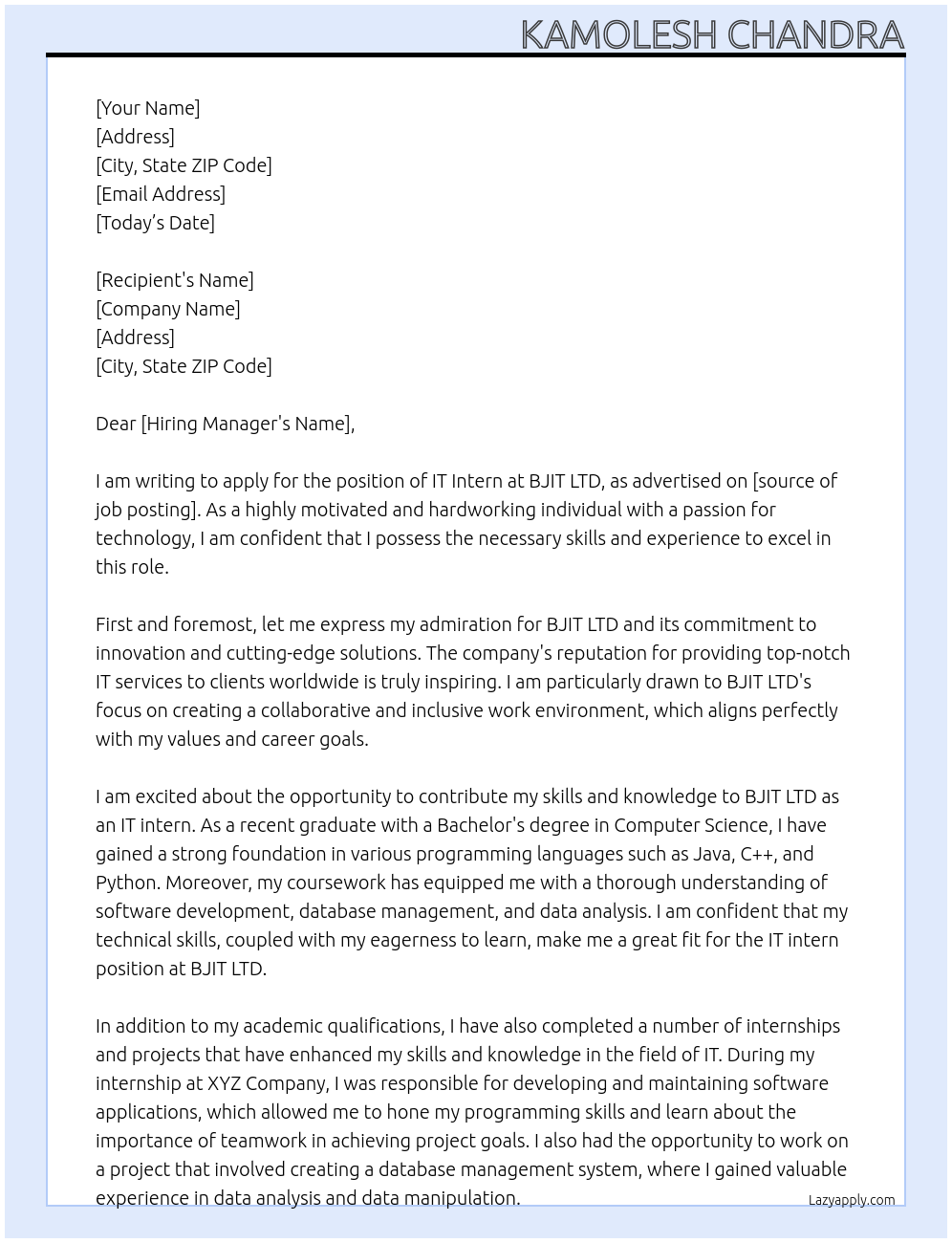 It intern At BJIT LTD Cover Letter