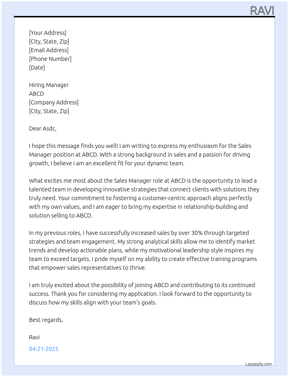 Sales manager At abcd Cover Letter