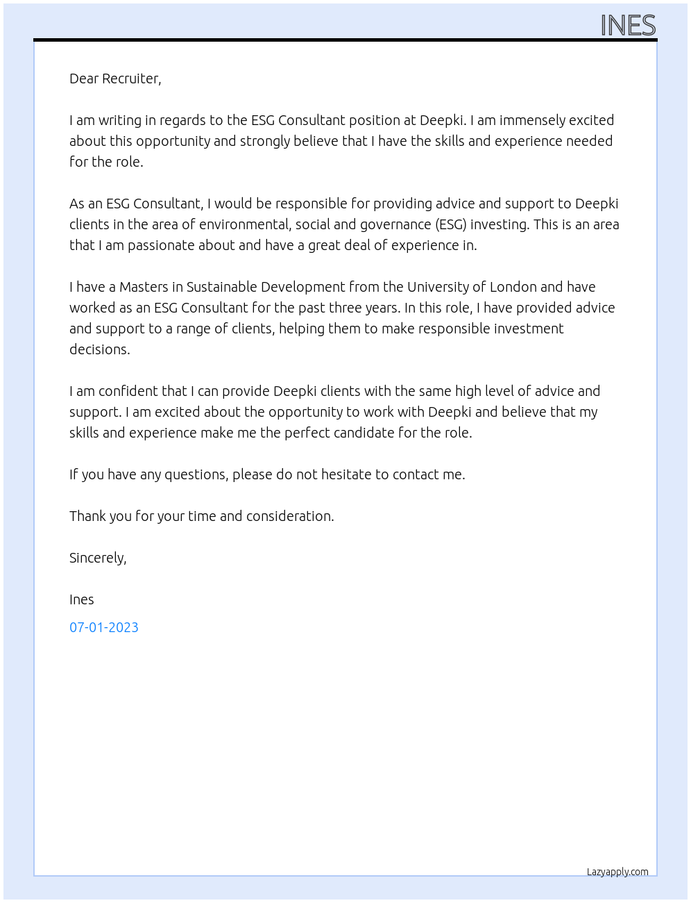 ESG Consultant At Deepki Cover Letter