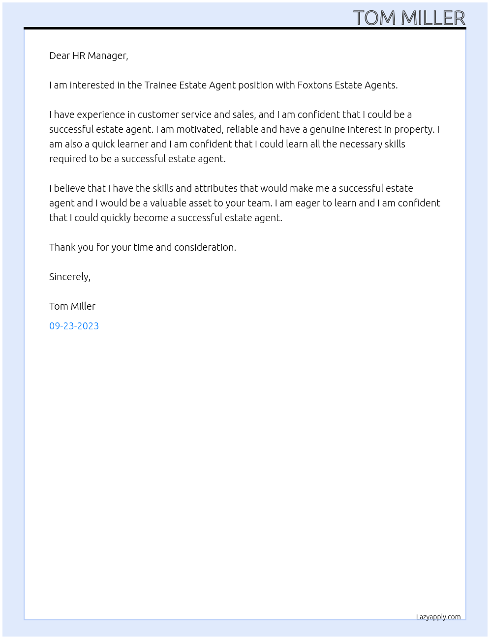 Trainee Estate Agent At Foxtons Estate Agents Cover Letter