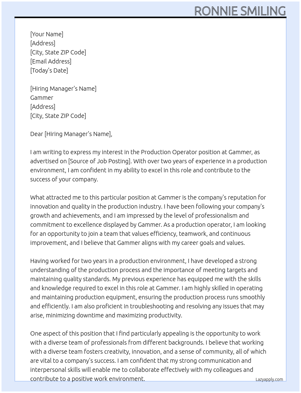 Production operator At Gammer Cover Letter