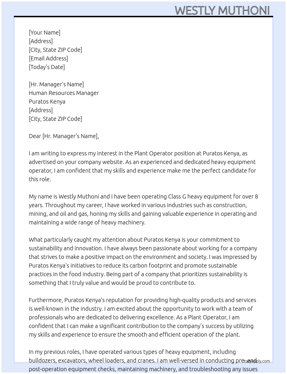 Plant operator At Puratos kenya Cover Letter