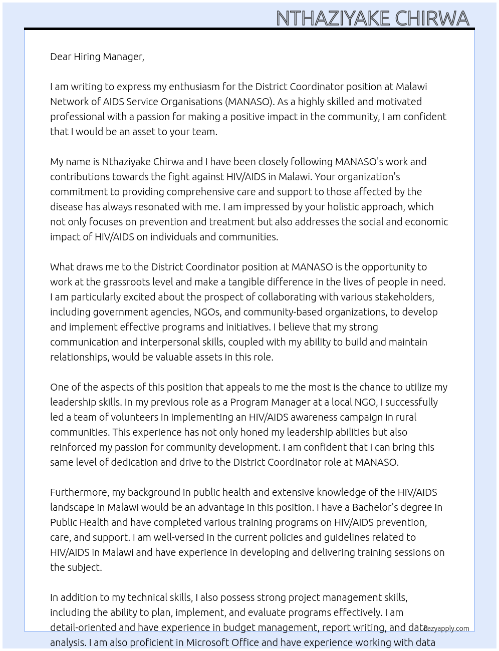 District coordinator At Malawi Network of AIDS Service Organisations (MANASO) Cover Letter