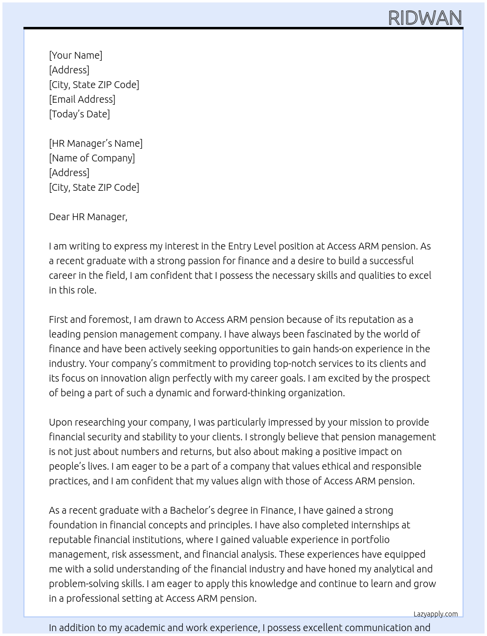 Entry level  At Access ARM pension Cover Letter