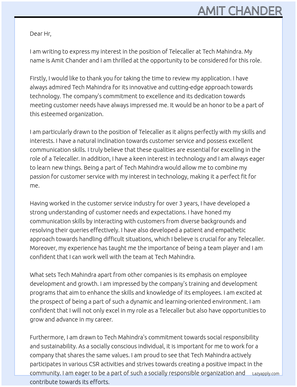 telecaller At tech mahindra Cover Letter