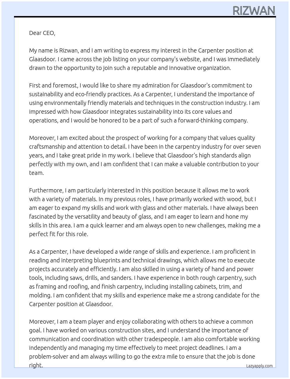 Carpenter  At Glaasdoor Cover Letter