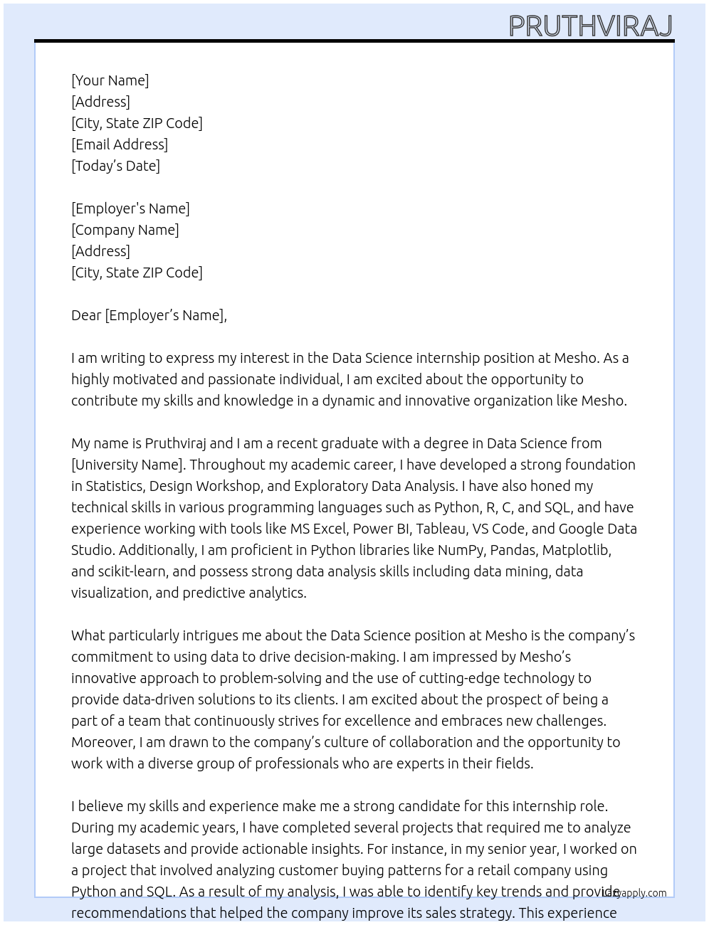 Data science At Mesho Cover Letter