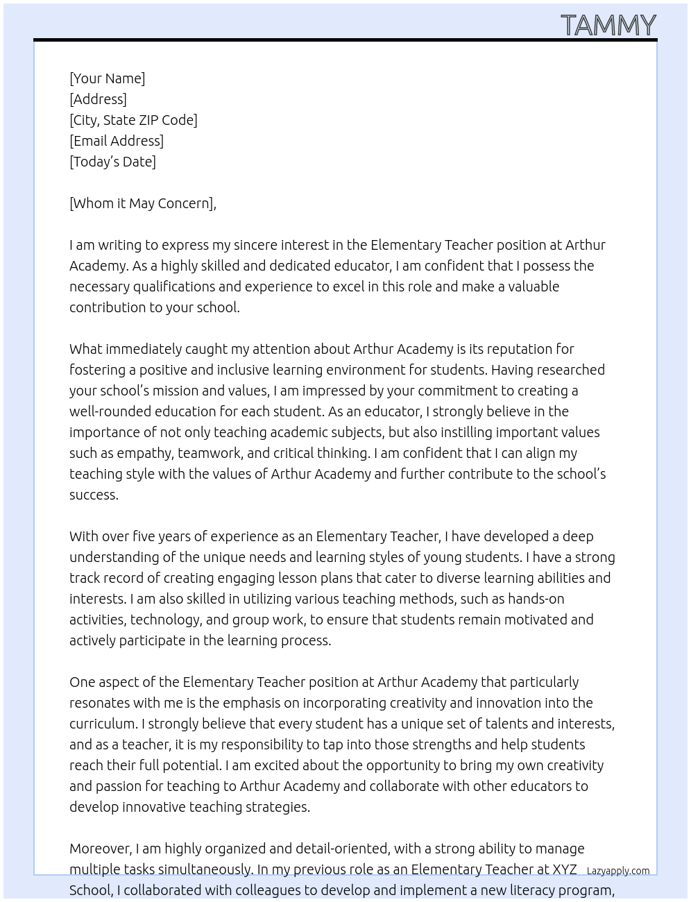 Elementary Teacher At Arthur Academy Cover Letter
