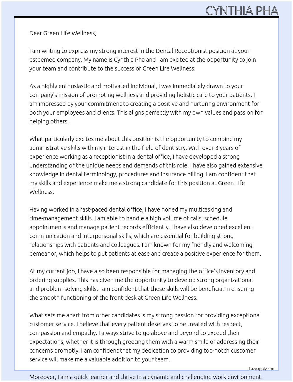 Dental Receptionist At Green life Wellness Cover Letter