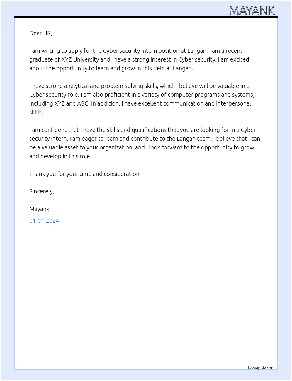 Cyber security intern At langan Cover Letter