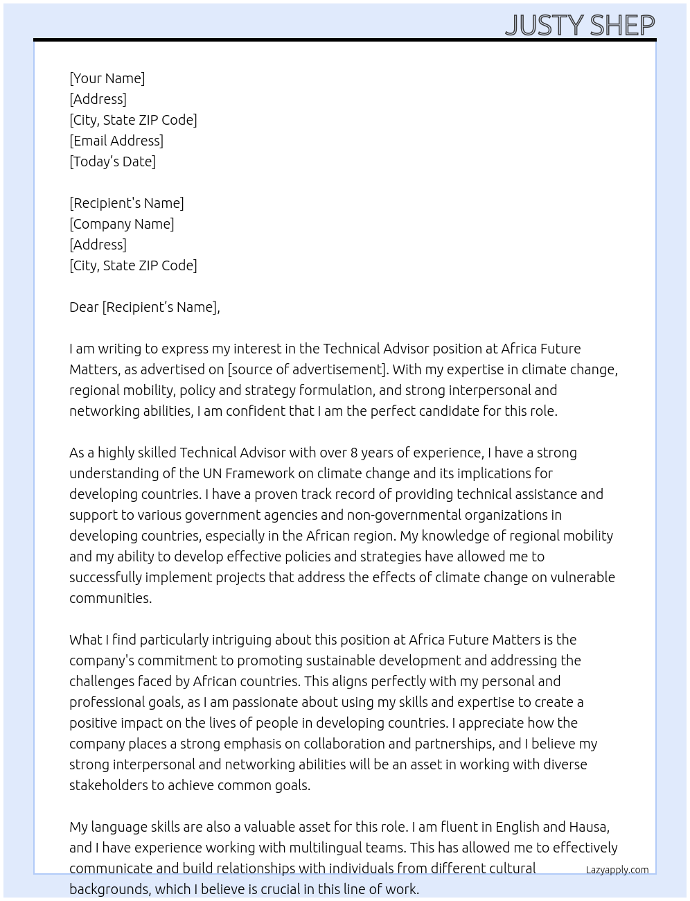 Technical Advisor At Africa future matters Cover Letter