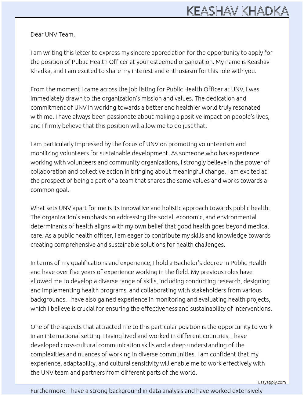 Public health officer At UNV Cover Letter