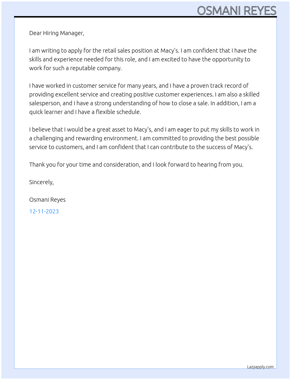 retail sales At Macy's Cover Letter