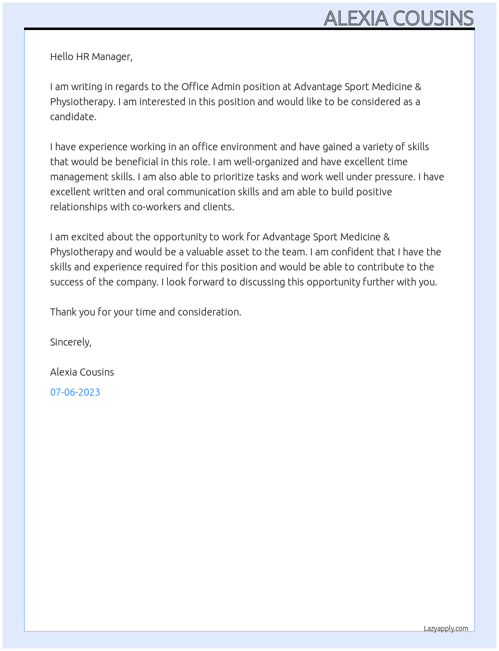 Office Admin At Advantage Sport Medicine & Physiotherapy Cover Letter