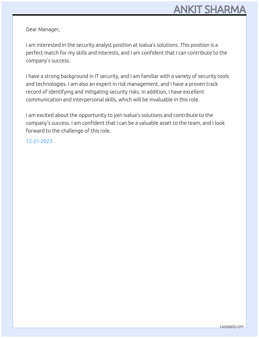 Security Analyst At Ivalua’s solutions Cover Letter