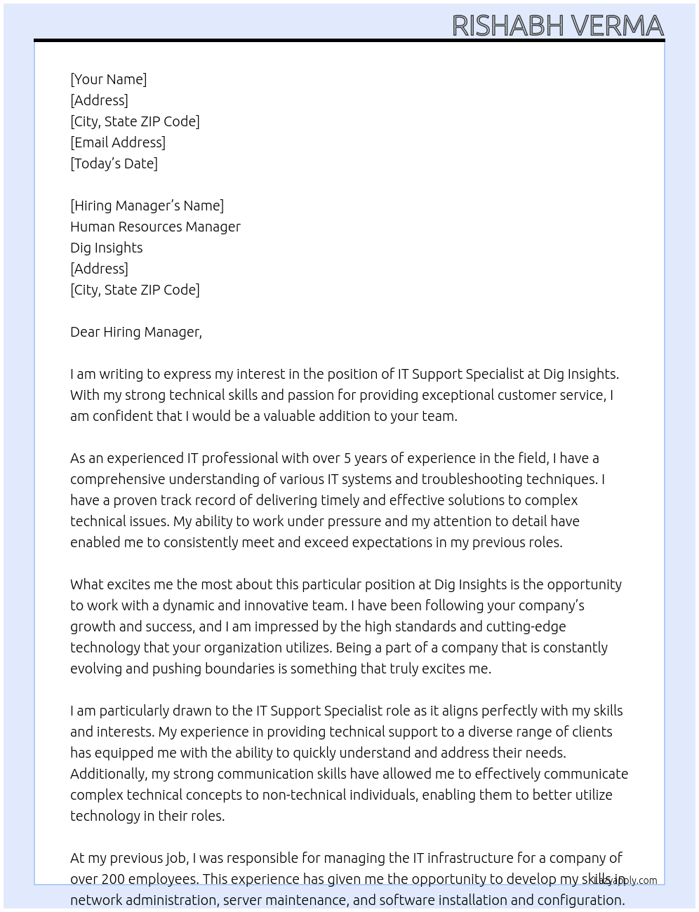 IT Support Specialist At Dig Insights Cover Letter