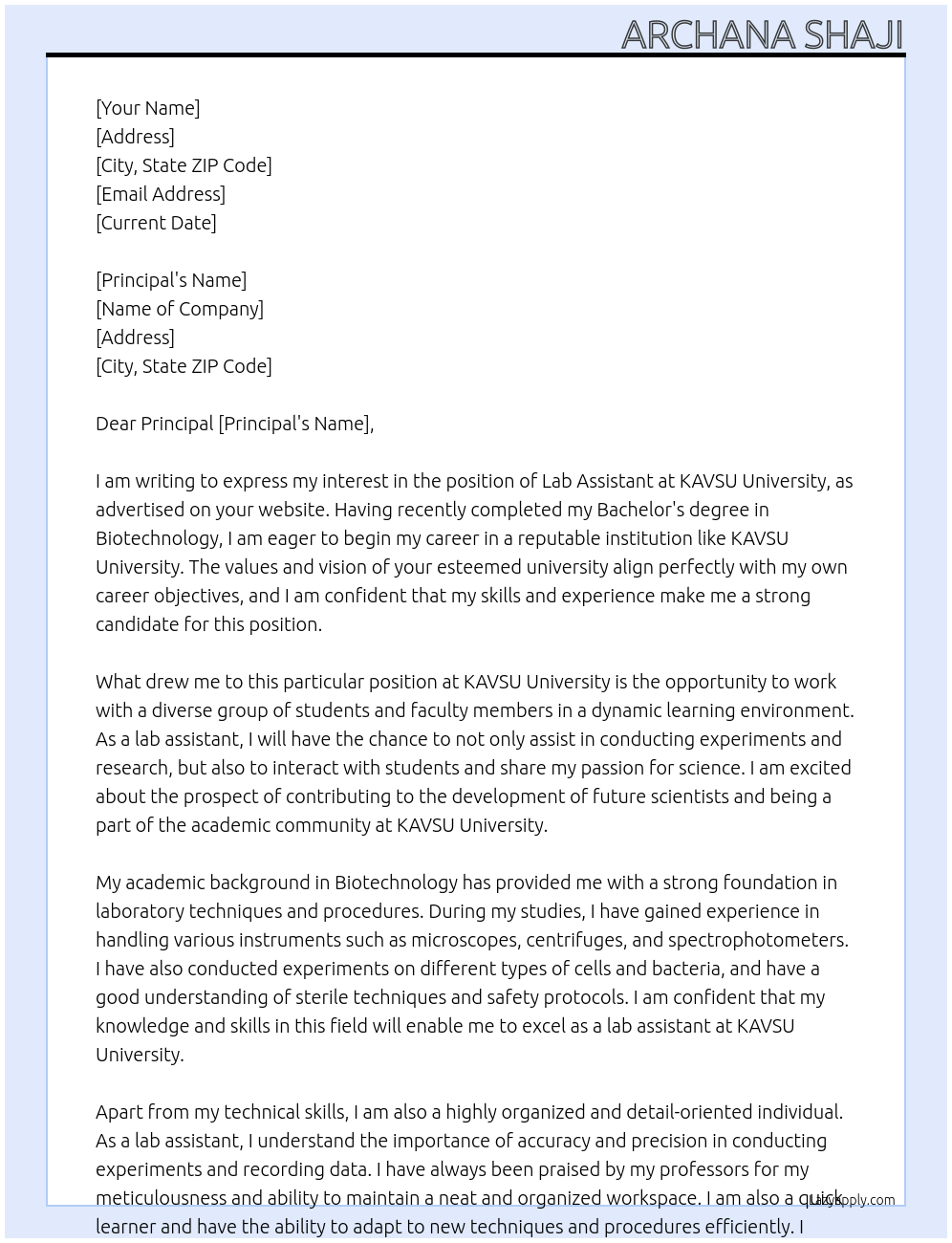 Lab assistant At KAVSU University Cover Letter