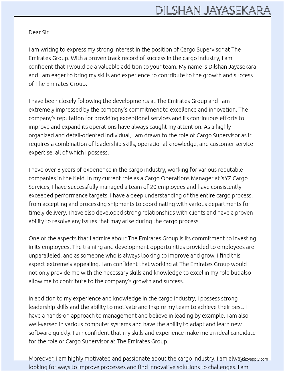 CARGO SUPERVISOR  At The emirates group Cover Letter