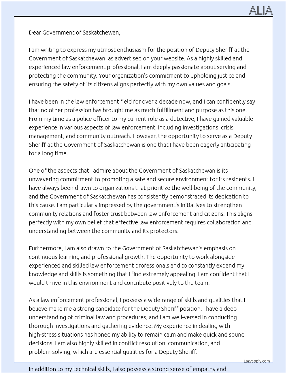 deputy sheriff At Government of Saskatchewan Cover Letter