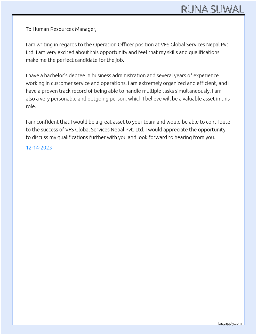 Operation Officer At VFS Global Services Nepal Pvt. LTd. Cover Letter