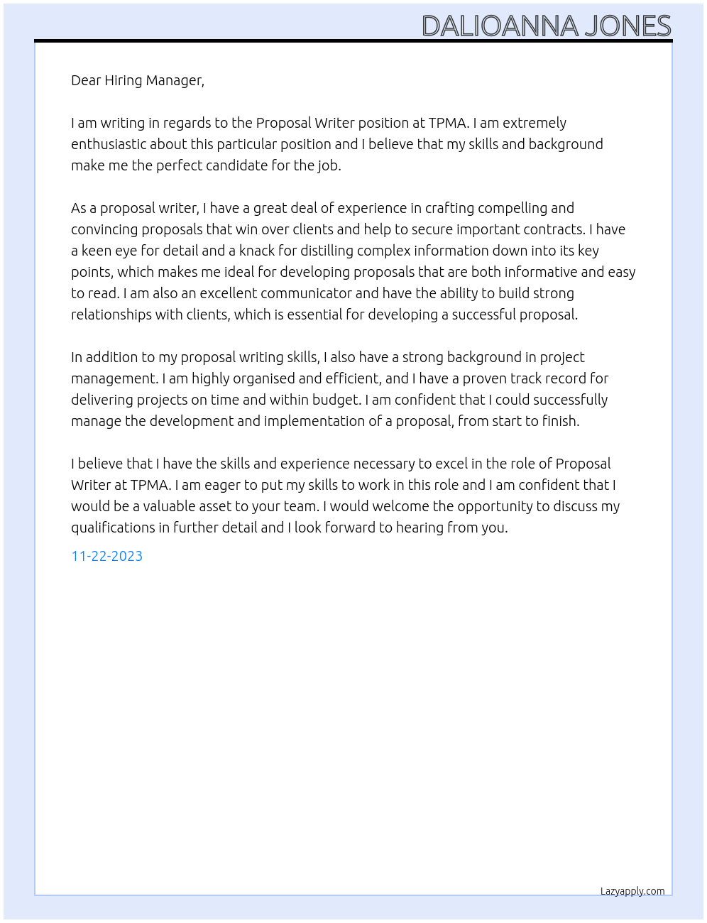 Proposal Writer At TPMA Cover Letter