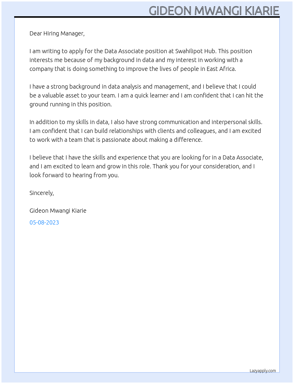 Data associate At Swahilipot Hub Cover Letter